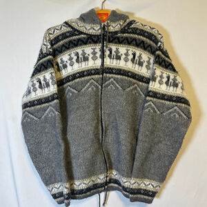 Handmade Ecuadorian Wool Zip Hoodie Sweater Alpaca Print Fair Isle Nordic W L